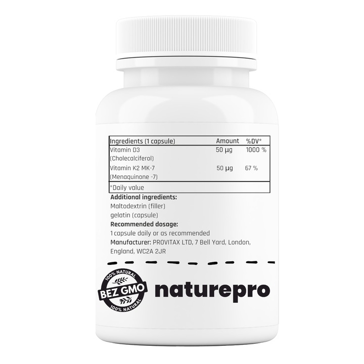 D3 + K2 vitamin, Provitax, 2000 NE, 100 kapszula, csont- és szívtámogatás