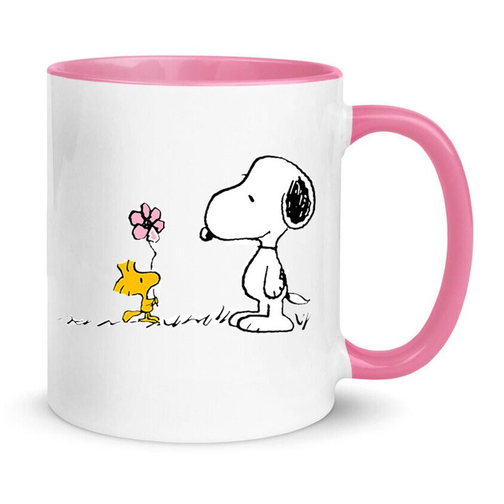 Cana ceramica Snoopy cu floare, 330ml, alb si roz