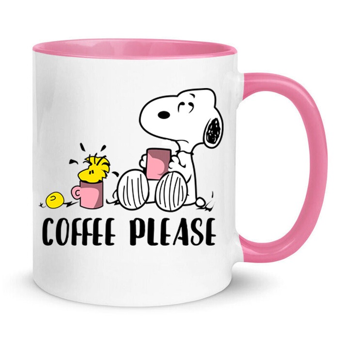 Cana ceramica Snoopy, 330ml, alb si roz, cu mesaj "Coffee Please"
