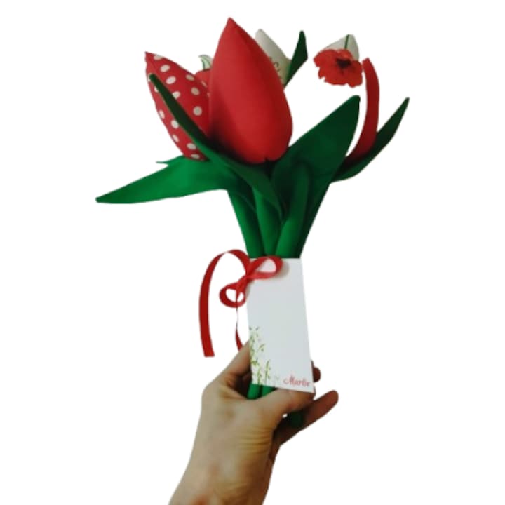 Buchet lalele din bumbac, 30 cm, set 7 flori textile, multicolor