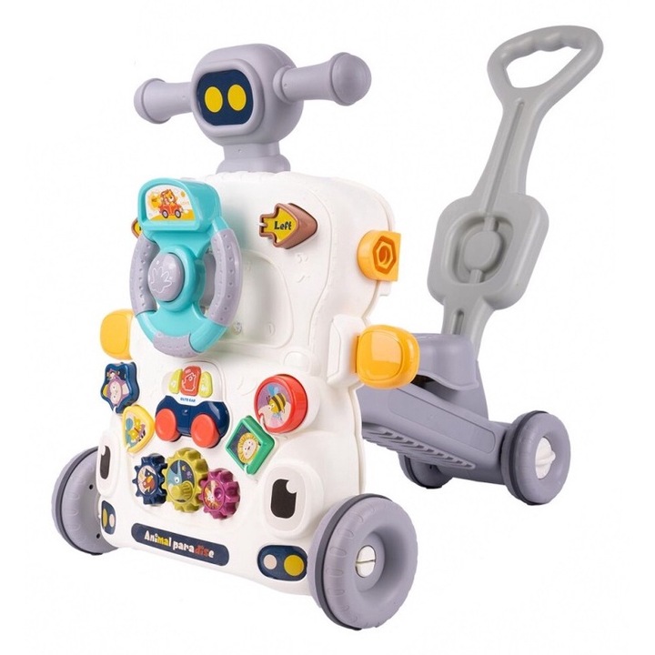 Többfunkciós 6 az 1-ben bébikomp, Homio, Balance Bike, Activity Center, Tricikli fogantyúval, Zenei játékok, Fények, Levehető panel, Kormánykerék, Színes formák, Csúszásgátló kerekek, Stabil szerkezet, Többszínű