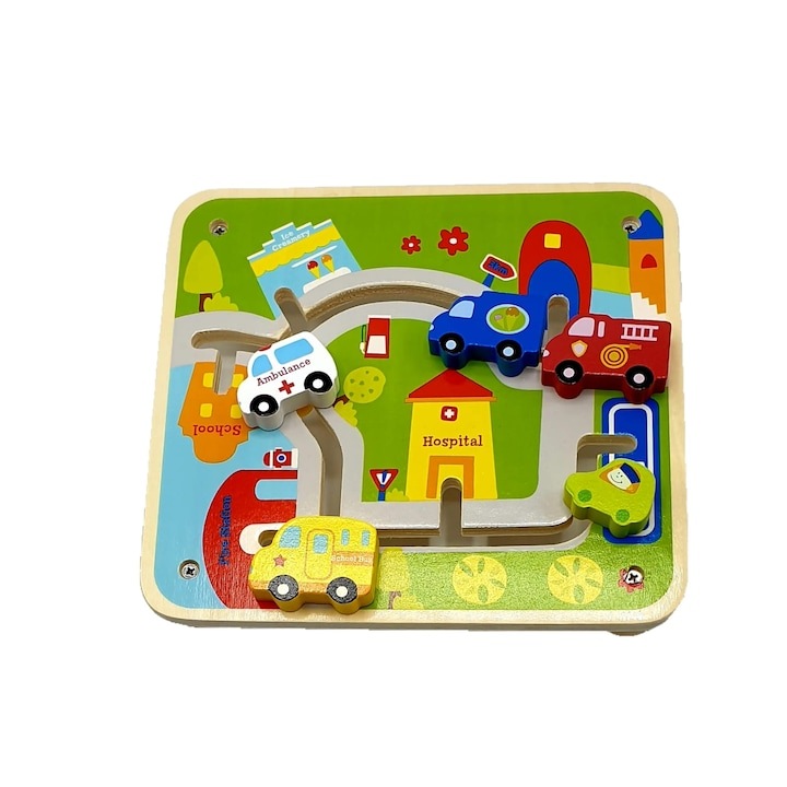 Jucarie educativa Labirint motric din lemn cu masinute Kabi, Multicolor, 36 luni +