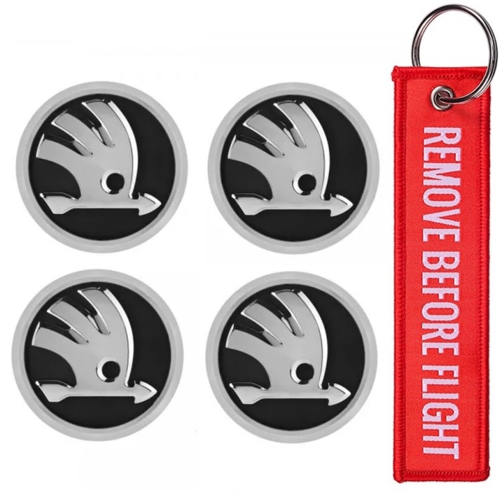 set 4 capacele pentru jante 65mm Skoda si breloc remove before flight