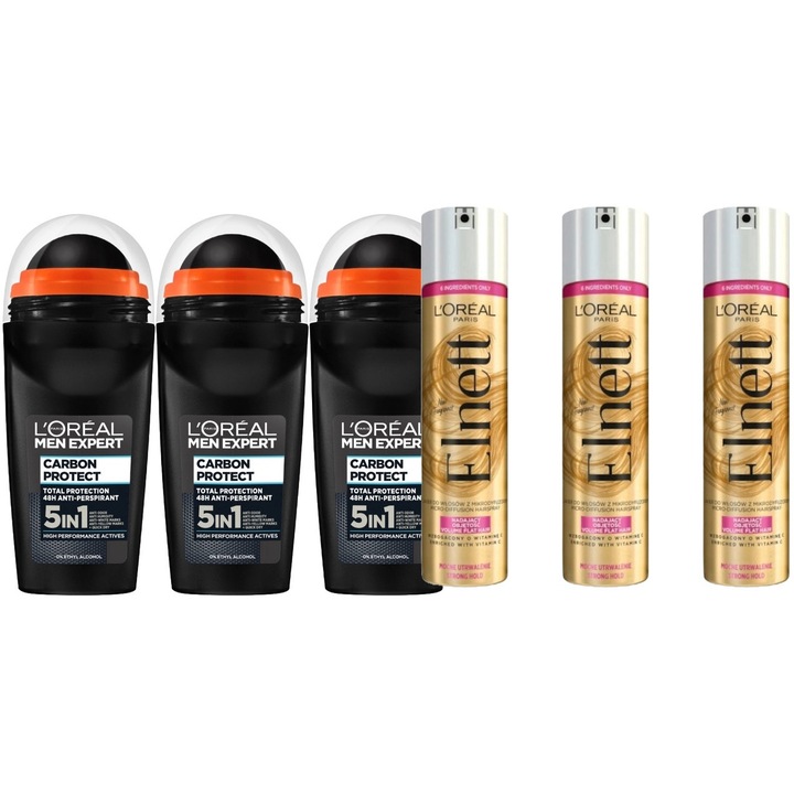 Комплект 6 x Loreal Elseve Variety, 3 x Antiperspirant Expert Roll On 50 ml Men Carbon Protect, 3 x Фиксатор за коса 200 ml Elnett Starker Halt, дерматологично тестван, дълготрайна свежест, нежен към скалпа, нетоксичен, екологичен