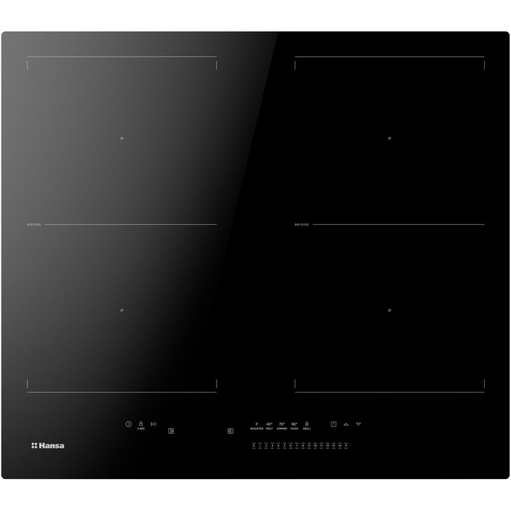 Плот за вграждане Hansa BHI679062, Индукция, 4 зони за готвене, Booster, Плъзгащо се сензорно управление, Автоматичен мост, Защита за деца, 60 см, Черен