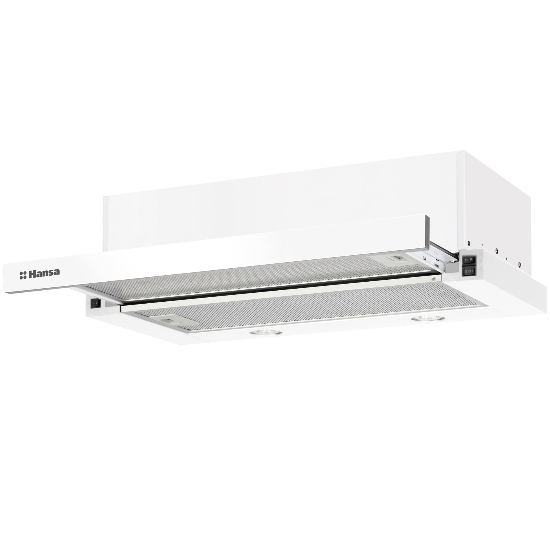 Hota incorporabila telescopica Hansa OTP6243WGH, 60 cm, 389 m3/h, 2 filtre aluminiu, 3 trepte de putere, Iluminare LED h, 60 cm, Alb