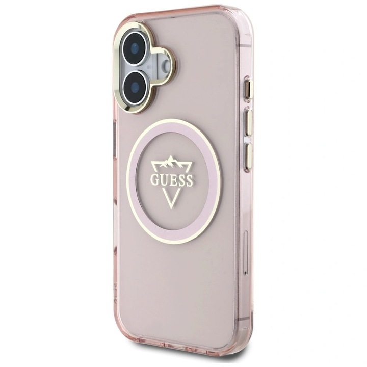Etui telefon Guess IML Metal Mountain MagSafe, roz, pentru iPhone 16, protectie solida, design elegant