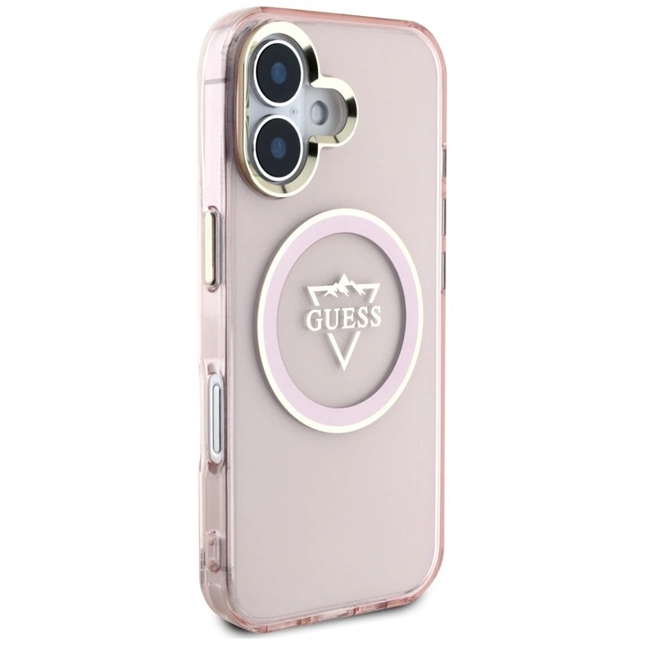 Etui telefon Guess IML Metal Mountain MagSafe, roz, pentru iPhone 16, protectie solida, design elegant
