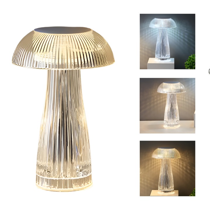Veioza LED ciuperca din cristal, design elegant, dimensiune compacta, multicolor