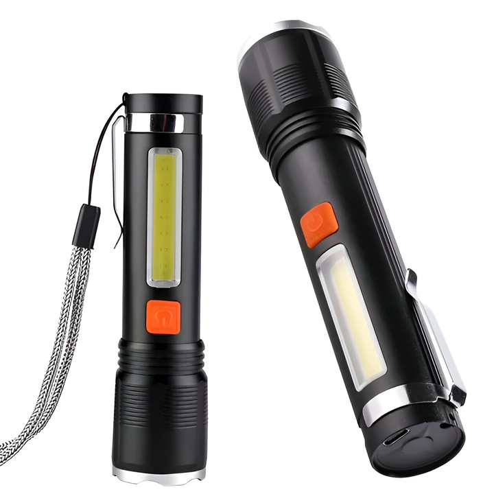 Újratölthető LED zseblámpa zoommal, alumínium, USB töltés, többféle világítási mód, 20x5cm