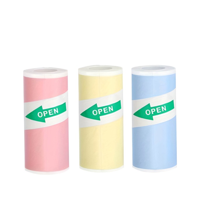 Set 3 role hartie termica multicolora pentru imprimanta mini, dimensiune 5x10cm