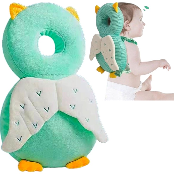 Hátizsák fejvédő párna, Plüss fejtámla, Bagoly mintás babáknak, 35 cm x 6 cm x 20 cm, 200 g, Türkizzöld