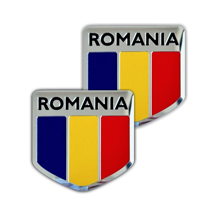 Set 2 embleme Romania din aluminiu, tip scut, cu elemente ambutisate, autoadezive, 6 x 6 cm