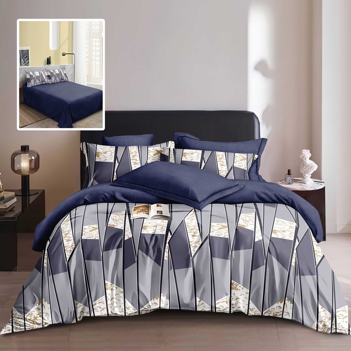 Двойно спално бельо Finet Cotton Thick 6 части чаршаф NufJoy® 220x240 см, чаршаф за завивка 200x220 см, 2 калъфки за възглавници 70x70 см, 2 калъфки за възглавници 50x70 см M530 Geometric Grey-Azure