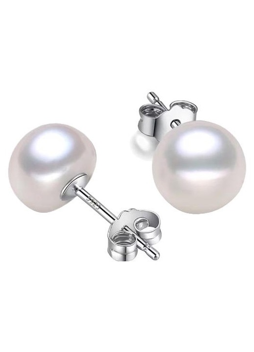 Női fülbevaló, természetes gyöngy, 925 ezüst, hipoallergén, ezüst, fehér, 10 mm