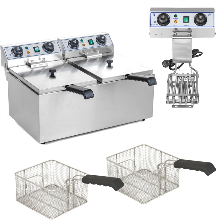 Friteuza electrică dublă Royal Catering RCTF-13DH, TIMER, 2x9L, inox, 58x43x35cm
