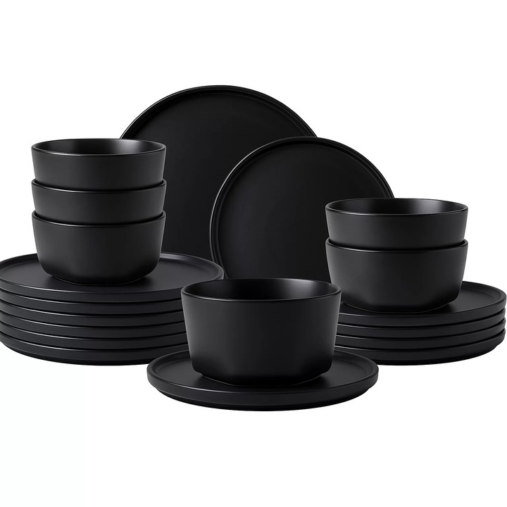 Tálkészlet, 12 tányérból és tálból álló kerámia asztali szett, fekete, modern tányérok, Callena Nordic Style