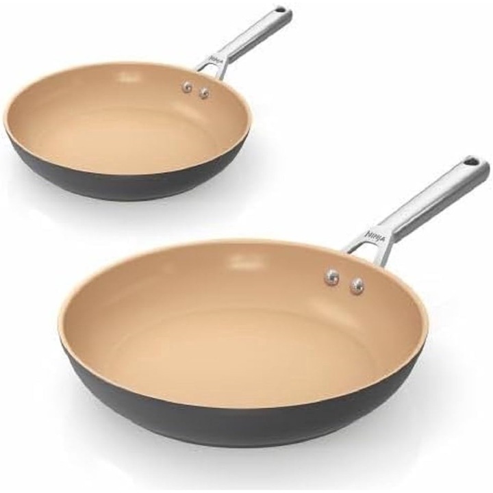 Комплект керамични тигани с удължен живот на Ninja, 2 части, 24 cm-28 cm, незалепващо покритие (без PFA, PFOA, олово или кадмий), индукционно, подходящо за фурна до 285°C, сиво