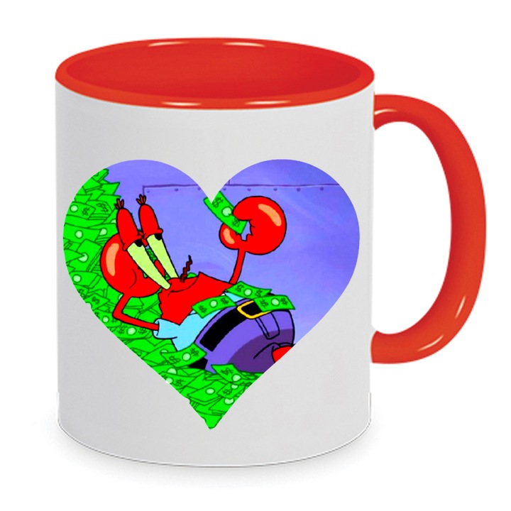 Керамична чаша Спонджбоб Г-н Рак, 330мл, бяла и червена, тема пари