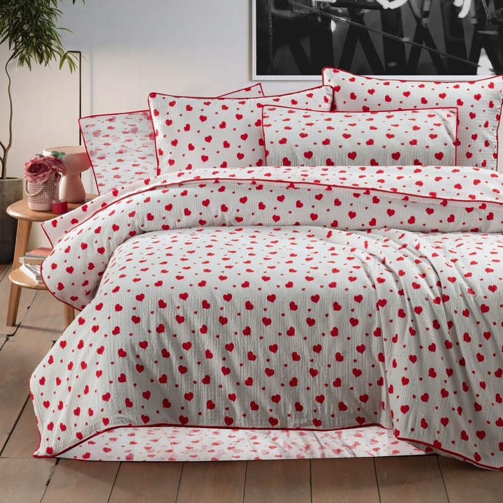 Dupla ágynemű krepp 100% pamut, lepedő 200x230 cm, paplanhuzat 180x215 cm, 2 párnahuzat 50x70 cm, Szívmintás, Kén