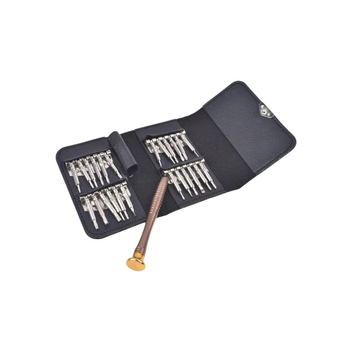 Set surubelnite universale 25 in 1, instrumente multifunctionale pentru intretinere si demontare usoara, toc piele cu inchidere magnetica, ochelari, telefon, laptop, tableta