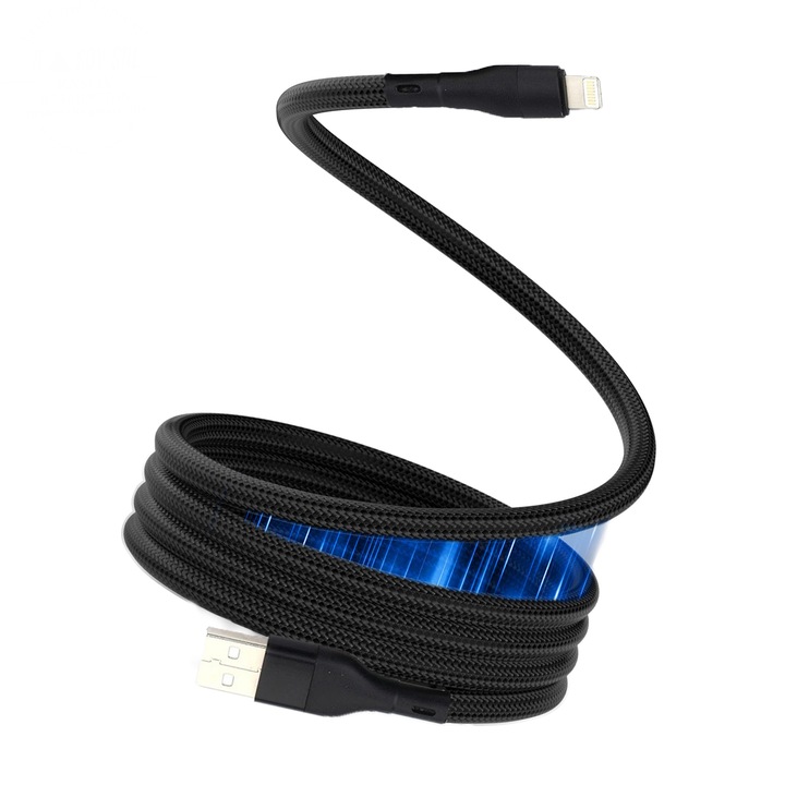 Cablu incarcare, de Date, Magnetic USB to USB-Lightning, Incarcare Rapida 2A, 480Mb/s, 1.5m, Anti-Incalcire, Design Premium, Compatibil iPhone, iPad, MacBook, culoare Negru