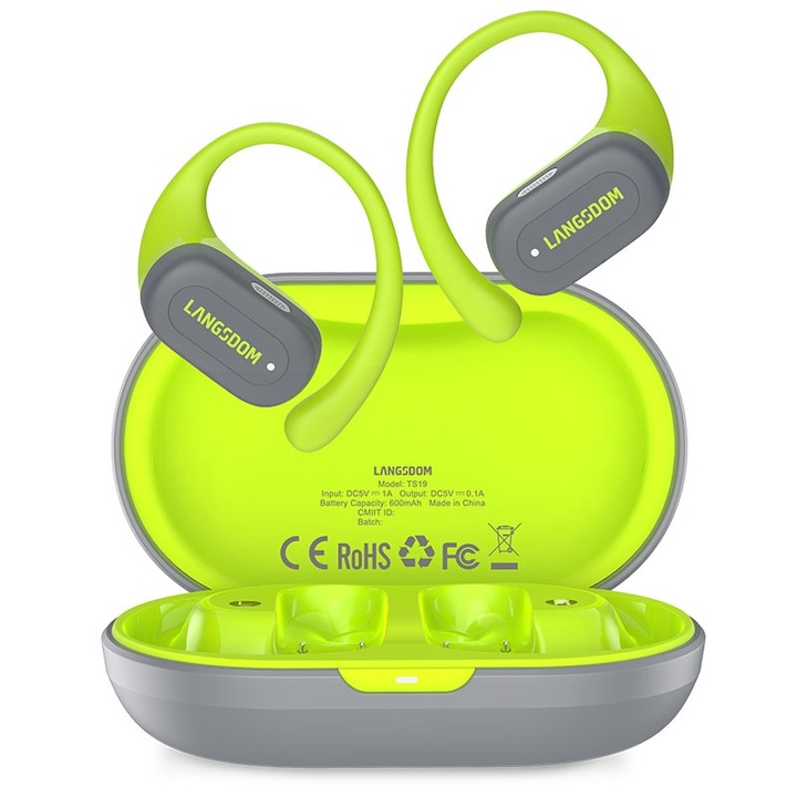 Casti Wireless In-Ear Langsdom TS19, Bluetooth 5.4, Reducere zgomot ENC, Autonomie 4h, Negru-Verde