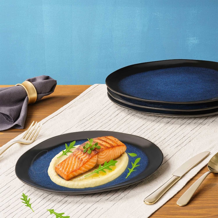 Set 4 farfurii plate diforme, ceramica dublu glazurata, albastru negru, 28x24x1.5 cm, Callena Deep Glaze