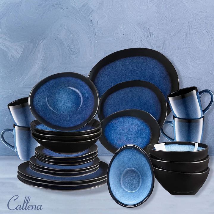 Set vesela, serviciu de masa cu 24 farfurii, boluri, cani din ceramica albastra cu margini negre, set farfurii colorate diforme, Callena Deep Glaze