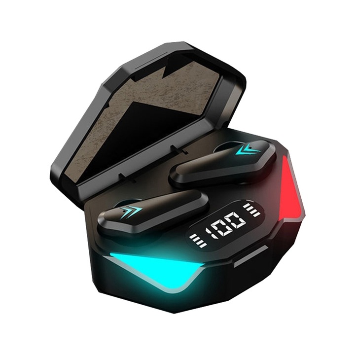 Casti Gaming True Wireless TWS-Y04, Bluetooth 5.0, Control Touch, LED Case, Negru