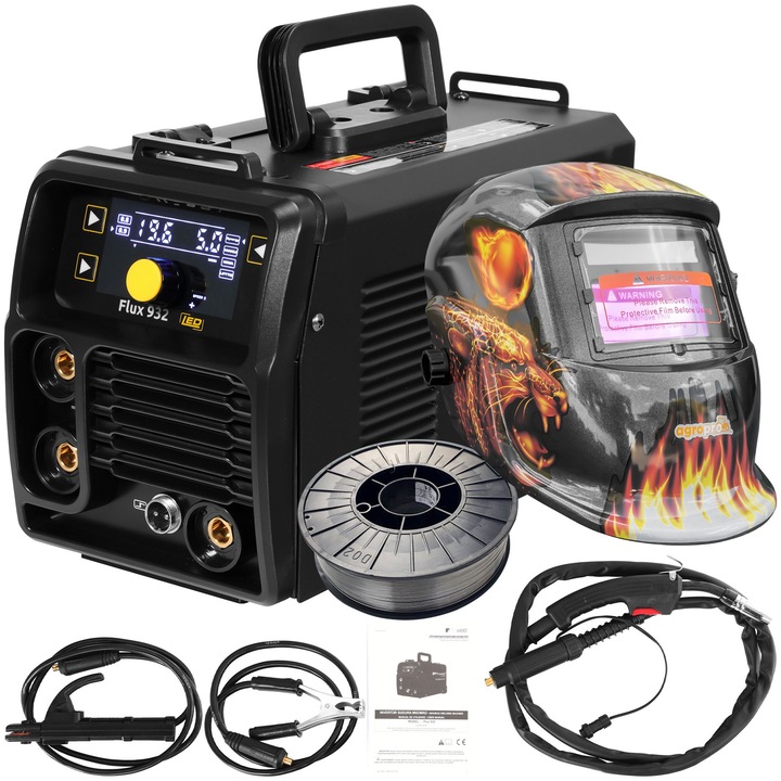 Aparat de sudura ProWELD Flux 932, tip invertor, functii MIG MMA LIFT-TIG, amperaj 120A, sarma sudare E71-11 1KG/D100, masca cristale lichide model Flacari