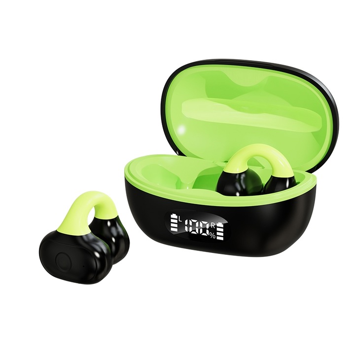 Casti Wireless Over-Ear Business Bluetooth cu ecran digital, Negru+Verde, Rezistente la apa, Reducere zgomot, Autonomie 6h, Touch Control, IPX5, Bluetooth 5.3