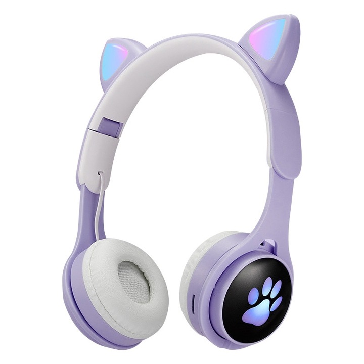 Casti Bluetooth Over-Ear B30 Cat Paw, Bluetooth 5.0, Lumini Colorate, Slot Card TF, Violet