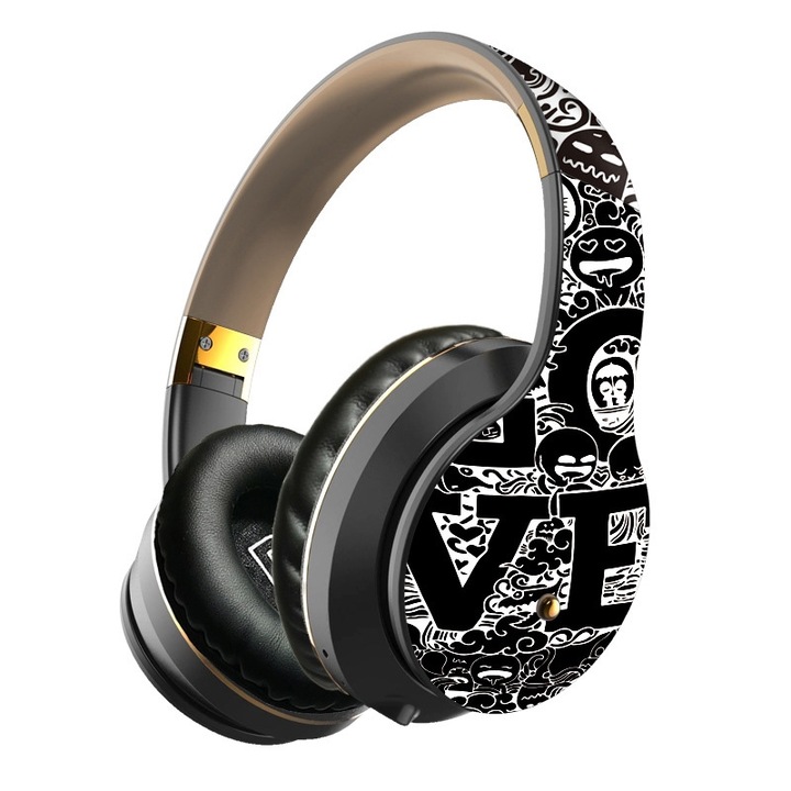 Casti Wireless Over-Ear B1, Bluetooth 5.0, Autonomie 12h, Rezistente la Apa, Model Graffiti, Negru