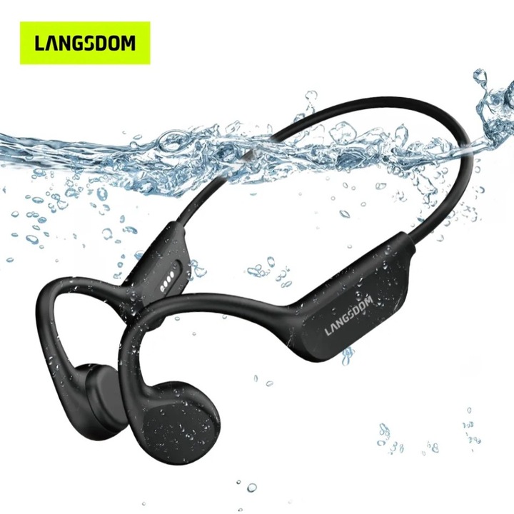 Casti wireless OnliShop cu conductie osoasa pentru inot IPX8, open ear, Bluetooth 5.4, MP3 cu 32GB incorporati, microfon, rezistente la apa, potrivite pentru alergare, fitness, ciclism, conectare la dispozitive multiple, autonomie mare, Langsdom, negre