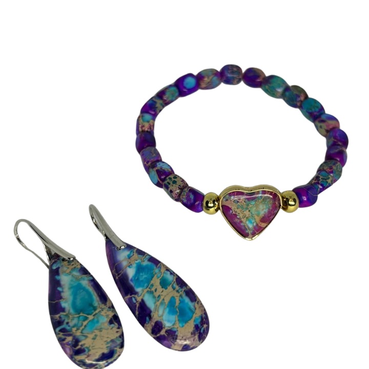 Set Bijuterii din Jasp Imperial - Mov, Bratara Elastica, Cercei 5 cm