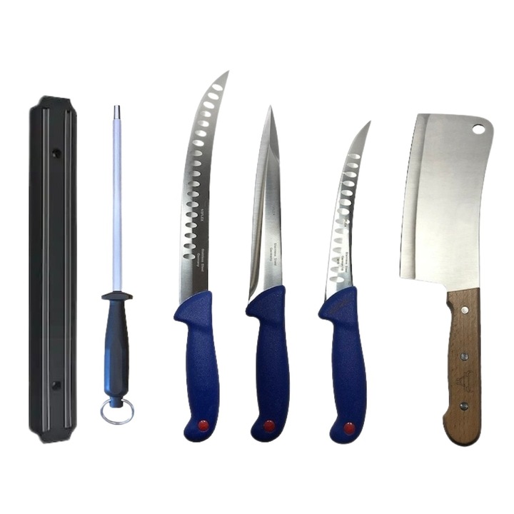 Set profesional de macelarie, injunghiat, transat, dezosat, filetat, suport magnetic, 3 cutite, masat pentru ascutit, satar, Dactylion®