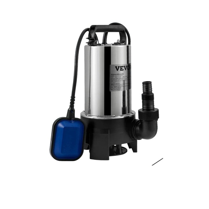 Водна помпа Vevor, 1100W, 9m височина, 333.3 L/min, нагнетателен адаптер, 10m кабел, неръждаема стомана