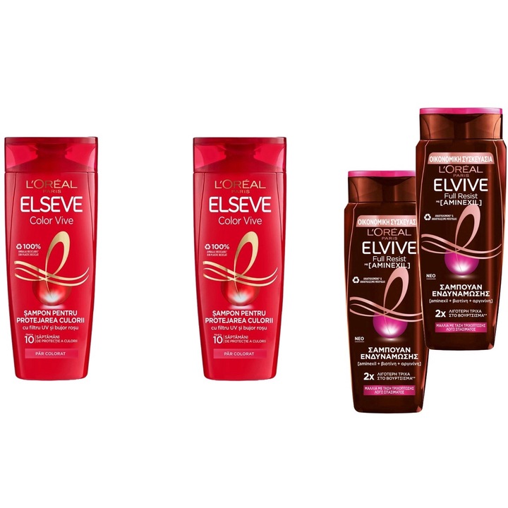 Set 4 x Loreal Elseve Variety, 2 x Sampon 400ml Color Vive, 2 x Elvive Elseve Sampon 700ml Full Resist, testat dermatologic, prospetime de lunga durata, delicat pentru scalp, non-toxic, eco-friendly, aspect stralucitor, previne iritatia pielii