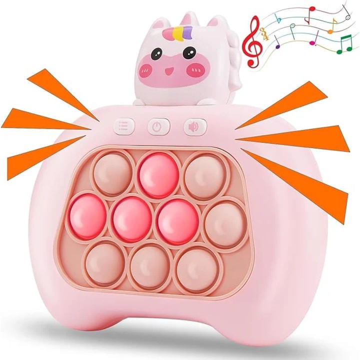 Joc interactiv Pop It Game Consola, antistres, cu sunete si lumini, Unicornul Roz/Alb, E-Toy