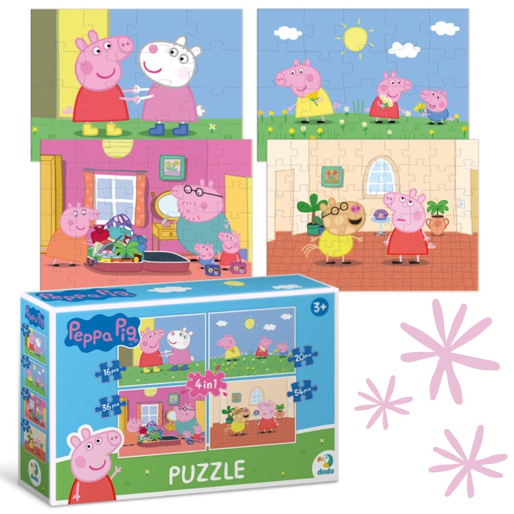 Puzzle 4w1 Dodo Swinka Peppa, 16-54 piese, 18x27,5x6,5cm, pentru copii 3+