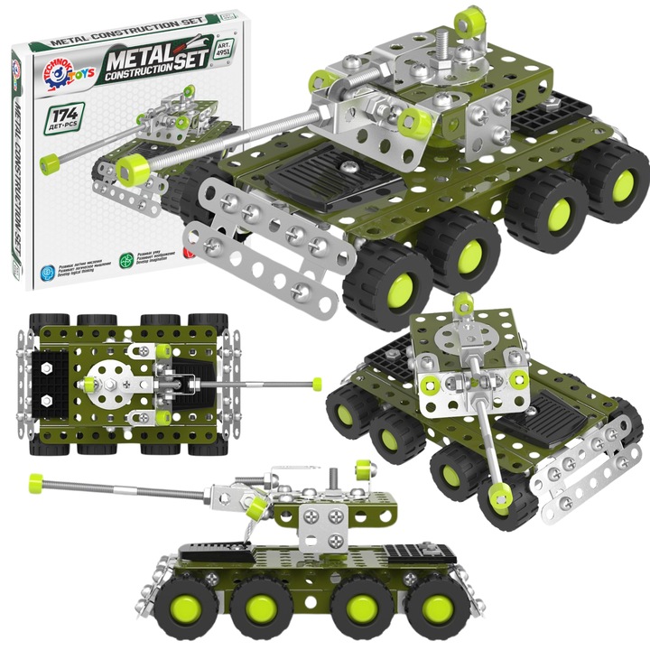 Set de constructie metalic, TechnoK, model tanc militar, 174 piese, usor de montat, 19x18.7x3.5cm