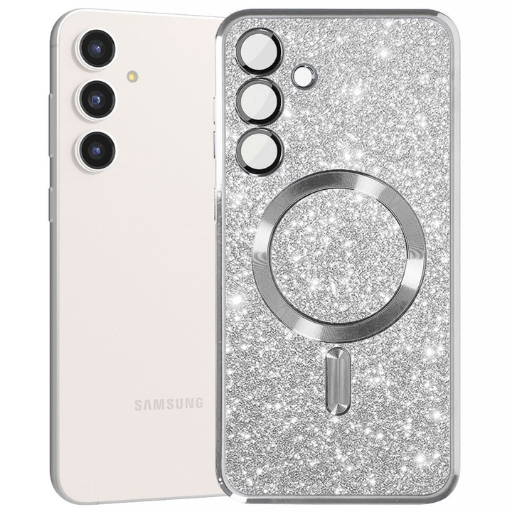 Husa magnet pentru Samsung Galaxy S23 FE, Glitter MagCase, Sclipici integrat, Protectie lentile camere, Rama electroplacata, Accente metalizate, Margini ridicate, Incarcare wireless, Magnetica, Argintiu