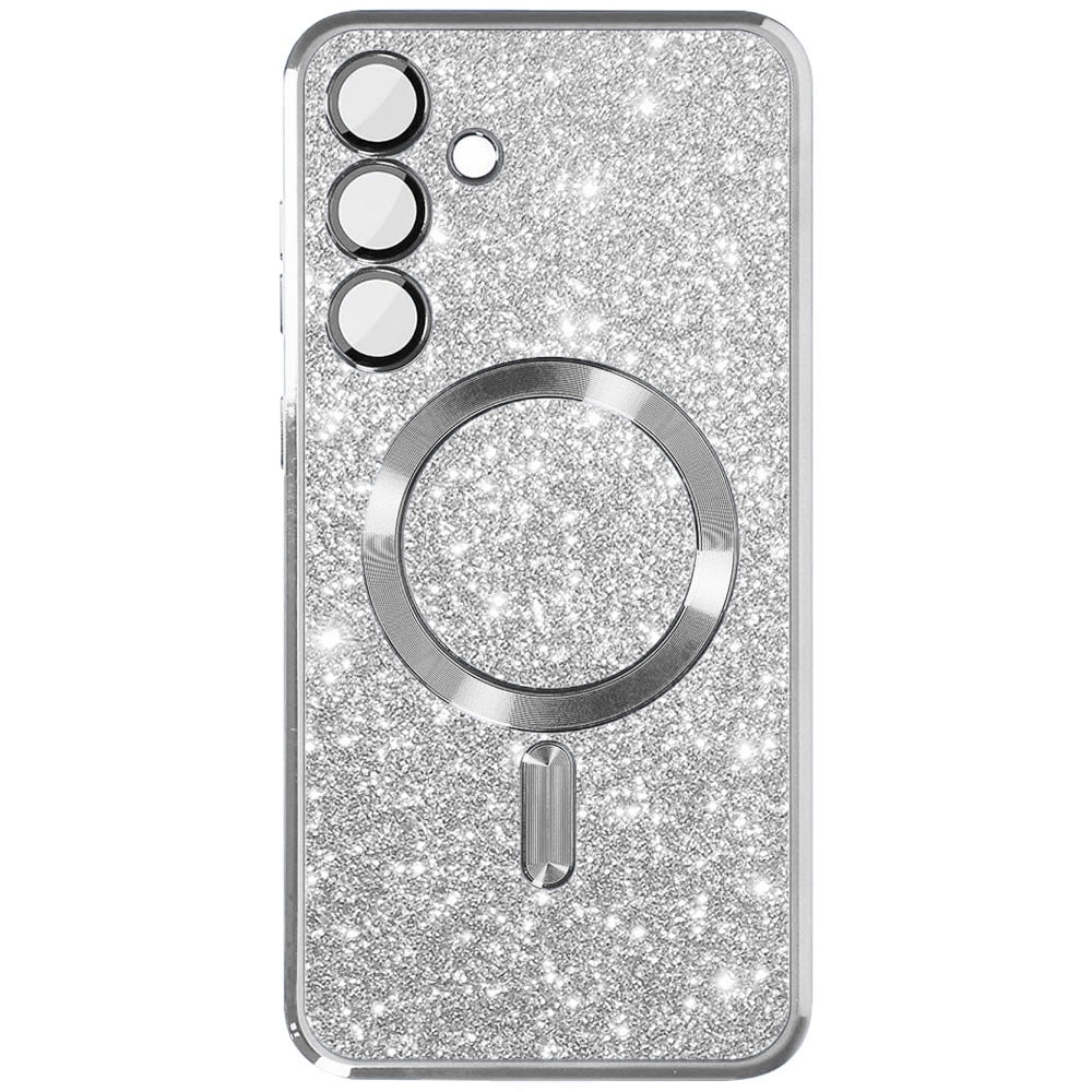 Husa magnet pentru Samsung Galaxy A56 5G, Glitter MagCase, Sclipici integrat, Protectie lentile camere, Rama electroplacata, Accente metalizate, Margini ridicate, Incarcare wireless, Magnetica, Argintiu