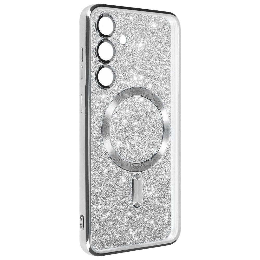 Husa magnet pentru Samsung Galaxy A56 5G, Glitter MagCase, Sclipici integrat, Protectie lentile camere, Rama electroplacata, Accente metalizate, Margini ridicate, Incarcare wireless, Magnetica, Argintiu