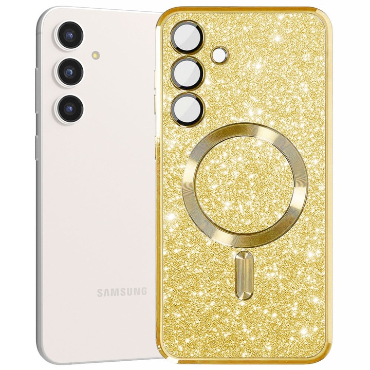 Husa magnet pentru Samsung Galaxy S23 FE, Glitter MagCase, Sclipici integrat, Protectie lentile camere, Rama electroplacata, Accente metalizate, Margini ridicate, Incarcare wireless, Magnetica, Auriu