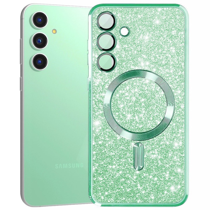Husa magnet pentru Samsung Galaxy S23 FE, Glitter MagCase, Sclipici integrat, Protectie lentile camere, Rama electroplacata, Accente metalizate, Margini ridicate, Incarcare wireless, Magnetica, Verde deschis
