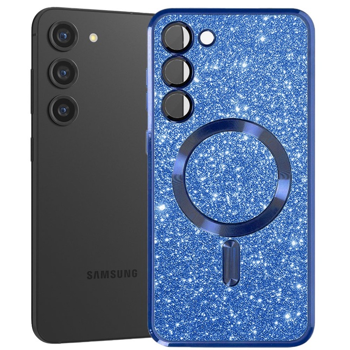 Husa tip MagSafe pentru Samsung Galaxy S23 Plus, Glitter MagCase, Sclipici integrat, Protectie lentile camere, Rama electroplacata, Accente metalizate, Margini ridicate, Incarcare wireless, Magnetica, Albastru inchis