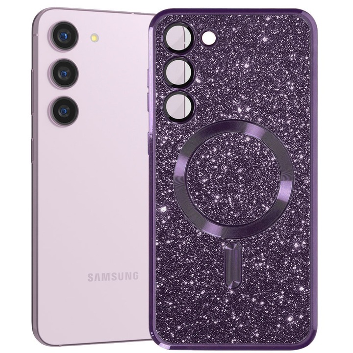 Husa tip MagSafe pentru Samsung Galaxy S23 Plus, Glitter MagCase, Sclipici integrat, Protectie lentile camere, Rama electroplacata, Accente metalizate, Margini ridicate, Incarcare wireless, Magnetica, Mov inchis