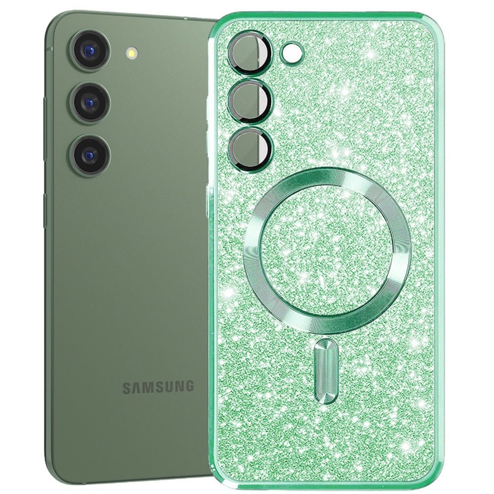 Husa tip MagSafe pentru Samsung Galaxy S23 Plus, Glitter MagCase, Sclipici integrat, Protectie lentile camere, Rama electroplacata, Accente metalizate, Margini ridicate, Incarcare wireless, Magnetica, Verde deschis